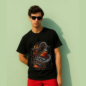 Whiskey & Snake Graphic over sized T-Shirt – Bold Black Tee for Men with Fire & Venom Vibe