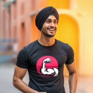 Flex Power Gym Regular Fit T-shirt – Muscle Arm Sunset Graphic Tee for Fitness Freaks