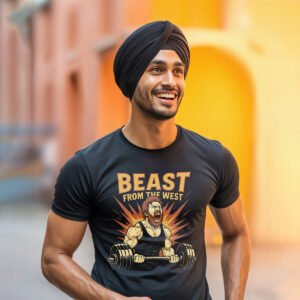 Beast from the West Gym Regular Fit T-shirt – Powerlifting Graphic Tee (Cotton Lycra)
