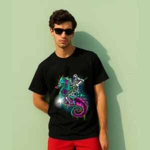 Neon Knight Riding Sea Dragon – Graphic Black Regular Fit T-Shirt