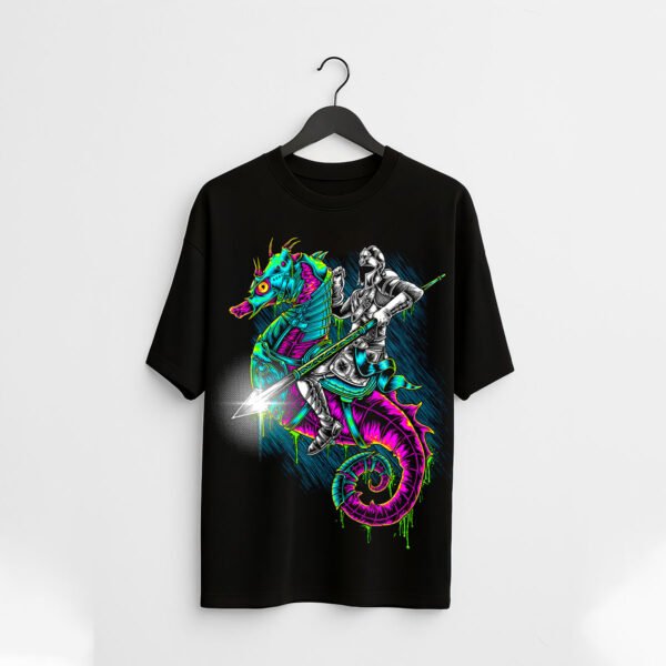 Neon Knight Riding Sea Dragon – Graphic Black Regular Fit T-Shirt - Image 2