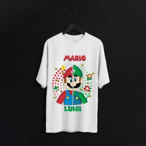 Mario & Luigi Split-Face Graphic T-Shirt – Nintendo Bros Retro Tee (Cotton Lycra)