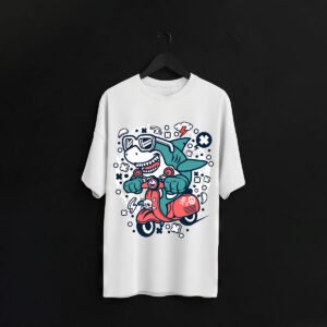 Cartoon Shark on Scooter over sized T-Shirt – Fun Graphic Streetwear Tee
