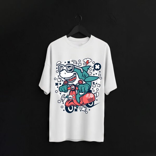 Cartoon Shark on Scooter over sized T-Shirt – Fun Graphic Streetwear Tee