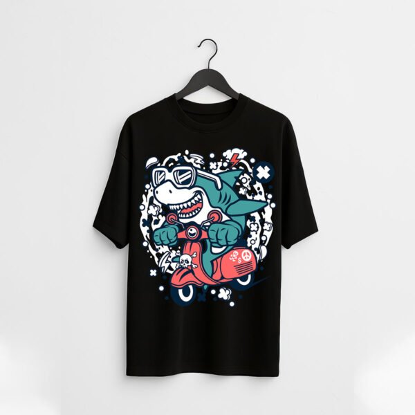 Cartoon Shark on Scooter over sized T-Shirt – Fun Graphic Streetwear Tee - Image 2