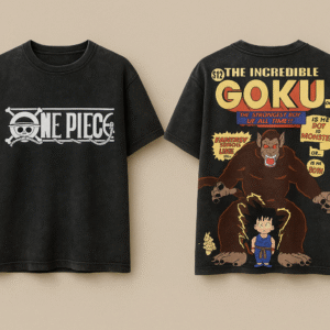 Anime Crossover Graphic Tee – One Piece x Goku (Acid Wash Black)