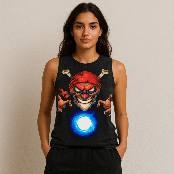 Unisex Evil Skull Graphic Black Acid Wash Sleeveless Cotton Terry Tank - Image 2