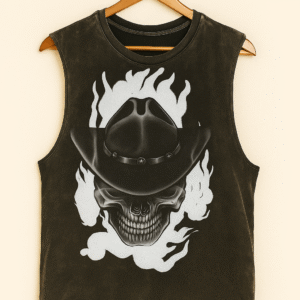 Flaming Cowboy Skull Sleeveless T-Shirt – Black French Terry Edition
