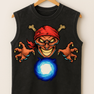 Unisex Evil Skull Graphic Black Acid Wash Sleeveless Cotton Terry Tank