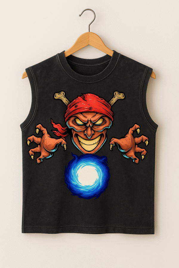 Unisex Evil Skull Graphic Black Acid Wash Sleeveless Cotton Terry Tank