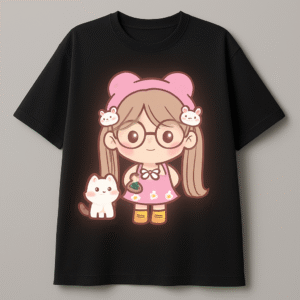 Kawaii Girl & Cat Oversized T-Shirt – Cute Anime Cartoon Design