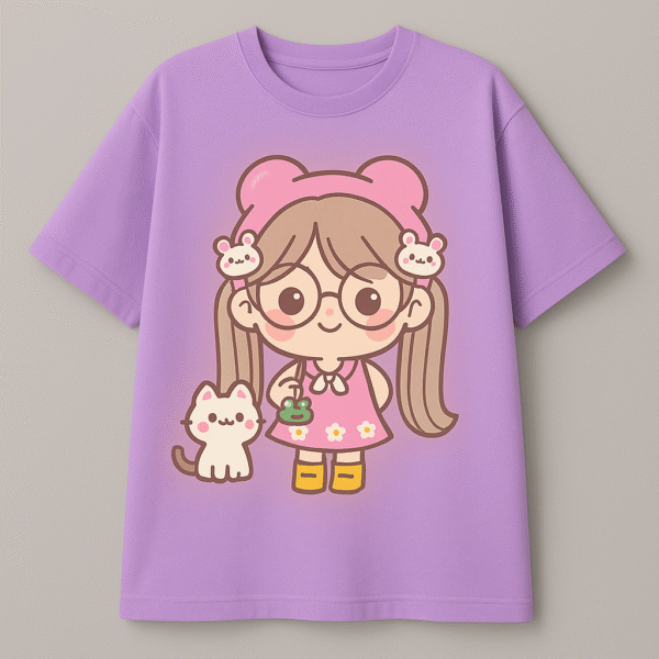 Kawaii Girl & Cat Oversized T-Shirt – Cute Anime Cartoon Design - Image 3